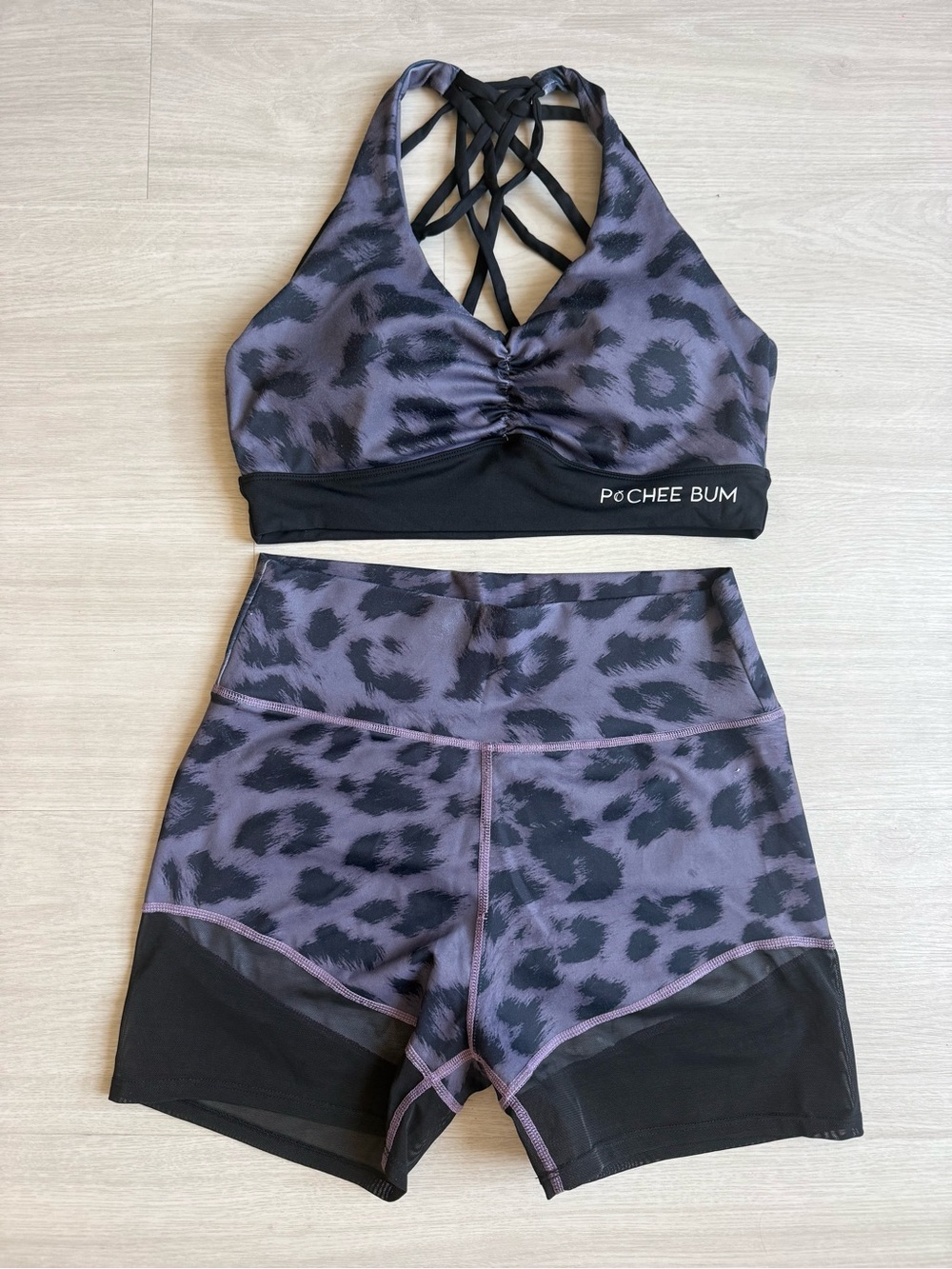 Pcheebum Purple Leopard Women's Sports Bra Top & Short Set - workout